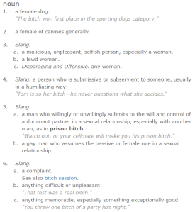 Screenshot of dictionary.com's definition of "bitch"
